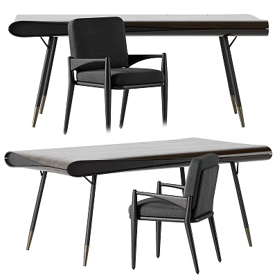 Modern Sleek Desk Design With Wooden Top Black Armchair And Metal Legs 3d model