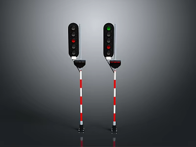 Two Traffic Lights With Black Body Red White Striped Poles Two Units One Showing Green Light 3d model