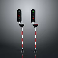 Two Traffic Lights With Black Body Red White Striped Poles Two Units One Showing Green Light