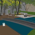 Large Windows View Of Outdoor Courtyard Garden With Tree Grass And Small Pond