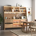 Modern Wooden Sideboard Featuring LED Lighting Storage Shelves Kitchen Items And Dining Table Chairs