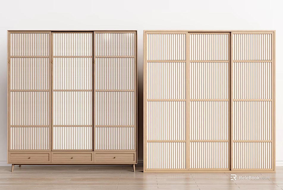 Japanese Style Wooden Wardrobe with Vertical Stripes Sliding Doors and Bottom Drawers 3d model 