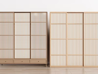 Japanese Style Wooden Wardrobe with Vertical Stripes Sliding Doors and Bottom Drawers 3d model