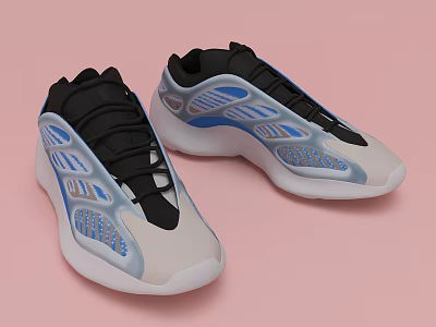 White And Black Sports Shoes With Blue Accents Streamlined Design And Breathable Mesh 3d model