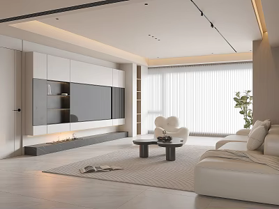 Modern Living Room Interior With White Sofa TV Cabinet Fireplace And Floor To Ceiling Windows 3d model