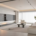 Modern Living Room Interior With White Sofa TV Cabinet Fireplace And Floor To Ceiling Windows