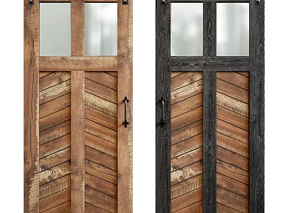 Barn Doors in Natural and Dark Wood with Herringbone Pattern Glass Panels and Black Handles 3d model