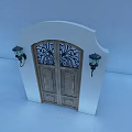 Classic Entrance Gate With Wooden Double Doors Wrought Iron Grille And Wall Mounted Lanterns