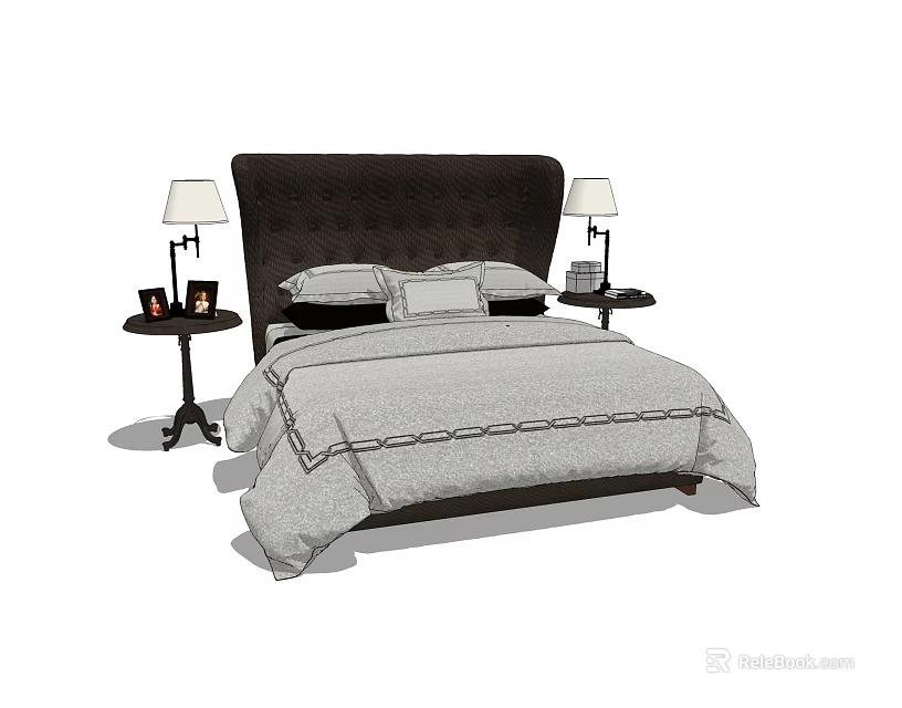 Classic Double Bed With Tufted Dark Headboard And Bedside Table Lamps 3d model