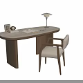 Modern Curved Walnut Wood Desk And Beige Upholstered Chair Combination For Cozy Home Study Space