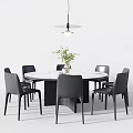 Modern Round Dining Table Set with Black Chairs Green Plants and Hanging Light 3d model