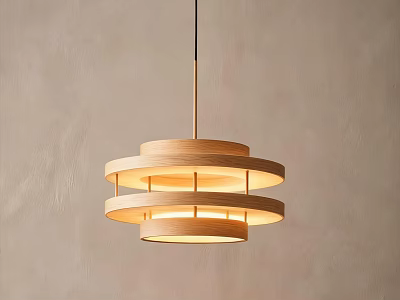 Modern Wooden Pendant Light With Multiple Circular Layers And Warm Glow 3d model