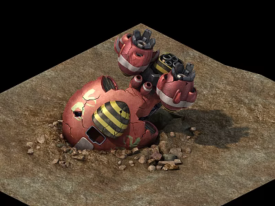 Damaged Red Mechanical Device With Yellow Black Stripes Dug Up In Dirt And Gravel 3d model