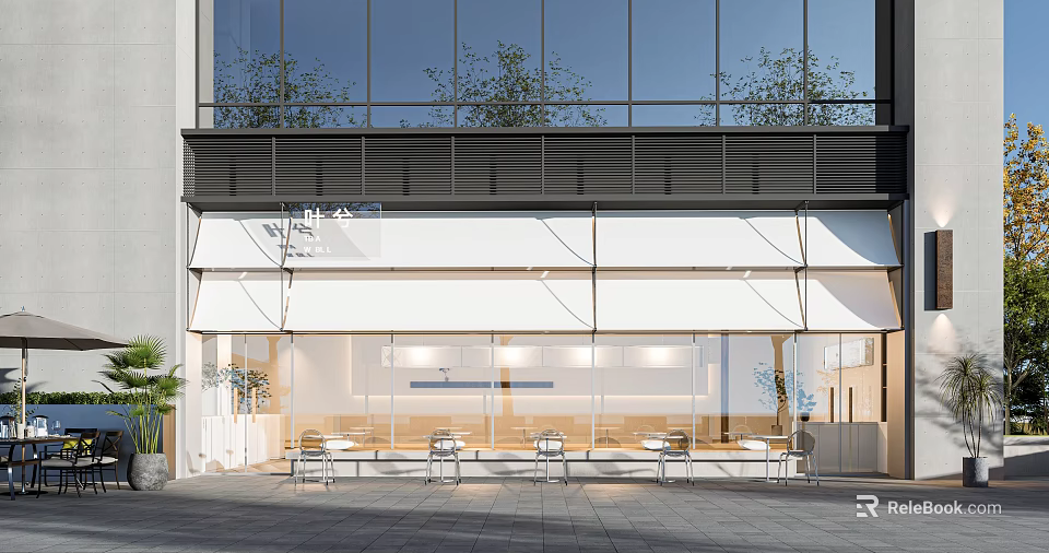 Modern Storefront Design Featuring Large Glass Walls White Facade And Black Grilles 3d model 