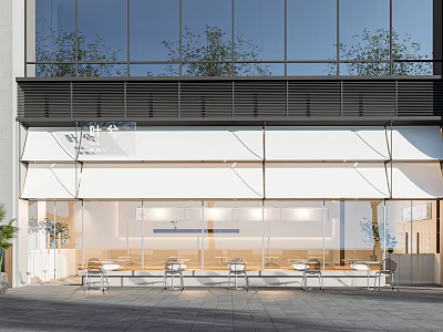 Modern Storefront Design Featuring Large Glass Walls White Facade And Black Grilles 3d model