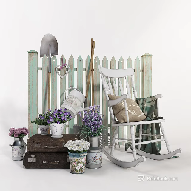 Garden Hardware Tools with Shovel Fork Watering Can by White Picket Fence Rocking Chair Lavender 3d model 
