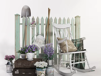 Garden Hardware Tools with Shovel Fork Watering Can by White Picket Fence Rocking Chair Lavender 3d model