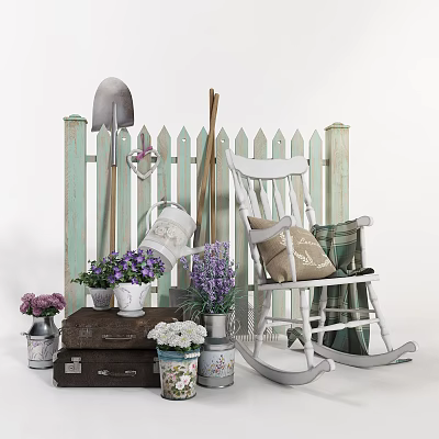 Garden Hardware Tools with Shovel Fork Watering Can by White Picket Fence Rocking Chair Lavender 3d model