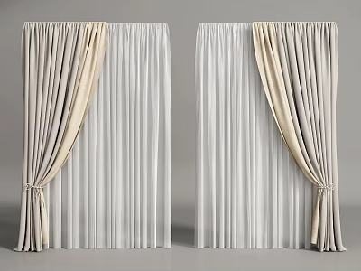 Pair Of Beige And White Pleated Curtains With Tiebacks For Interior Decor 3d model