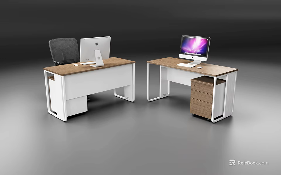 Modern Office Desk with Wooden Top White Frame Drawers and Computer Monitor 3d model 
