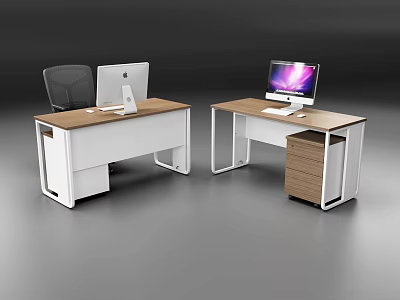 Modern Office Desk with Wooden Top White Frame Drawers and Computer Monitor 3d model