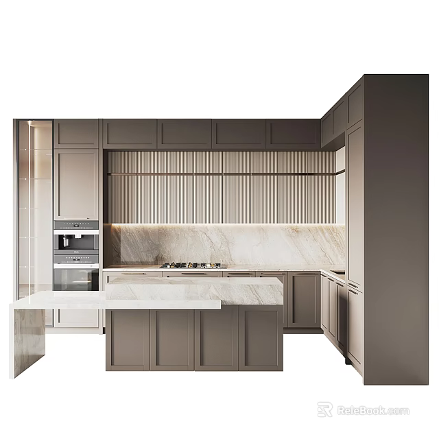 Modern Kitchen Interior Design With Gray Cabinets Marble Countertops And Island 3d model 
