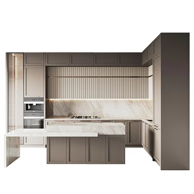 Modern Kitchen Interior Design With Gray Cabinets Marble Countertops And Island 3d model