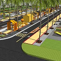 Scenic Commercial Street with Palm Trees Sidewalks Yellow Buildings and Pedestrian Greenery