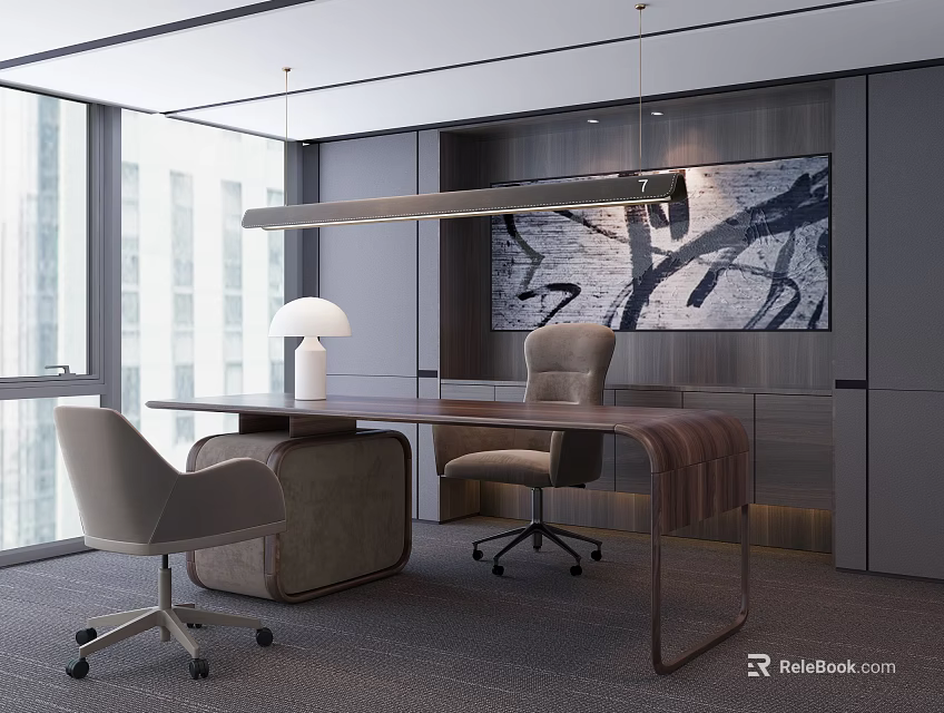 Modern Office Desk Setup With Table Lamp Ergonomic Chair Abstract Painting And Large Window 3d model 