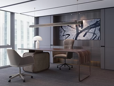Modern Office Desk Setup With Table Lamp Ergonomic Chair Abstract Painting And Large Window 3d model