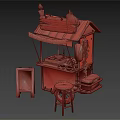 Small Wooden Food Stall With Striped Awning Chalkboard Menu And Red Stool