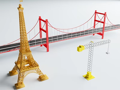 Model Scene With Eiffel Tower Red Bridge And Yellow Crane 3d model