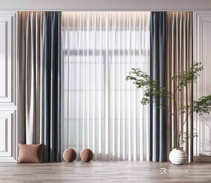 Modern Gray Beige Curtains With Sheer Panels For Window Decor With Plants And Pillows 3d model 