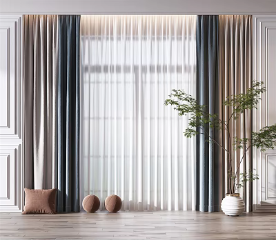 Modern Gray Beige Curtains With Sheer Panels For Window Decor With Plants And Pillows 3d model