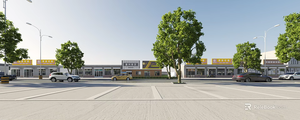 Scenic Commercial Street With Retail Shops Parked Cars And Green Trees 3d model 