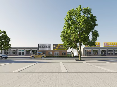 Scenic Commercial Street With Retail Shops Parked Cars And Green Trees 3d model