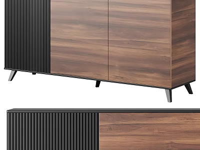 Modern Walnut Entryway Console Cabinet With Black Vertical Slats And Metal Legs 3d model