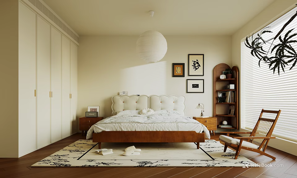 Modern Bedroom Interior Design With Upholstered Bed Wooden Floor And Decorative Art 3d model 