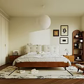 Modern Bedroom Interior Design With Upholstered Bed Wooden Floor And Decorative Art