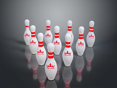 Multiple White Bowling Pins With Red Stripes And Crown Logo On Dark Surface With Reflections 3d model