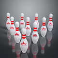 Multiple White Bowling Pins With Red Stripes And Crown Logo On Dark Surface With Reflections