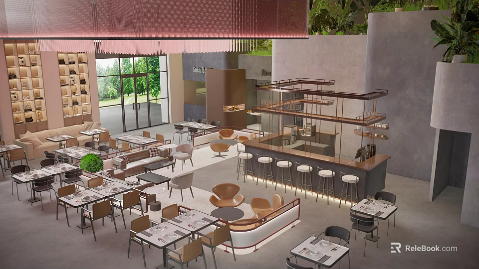 Modern Spacious Restaurant Interior With Tables Chairs Bar Bar Stools And Green Plants 3d model 