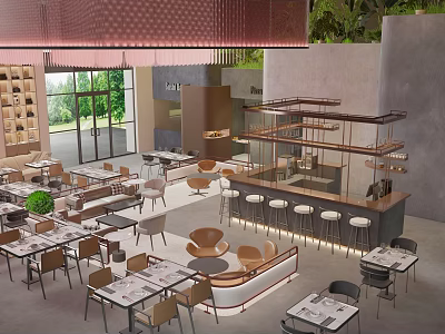 Modern Spacious Restaurant Interior With Tables Chairs Bar Bar Stools And Green Plants 3d model