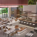 Modern Spacious Restaurant Interior With Tables Chairs Bar Bar Stools And Green Plants