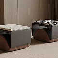 Modern Two Square Stools With Light Fabric And Black White Patterned Cushions Wooden Bases