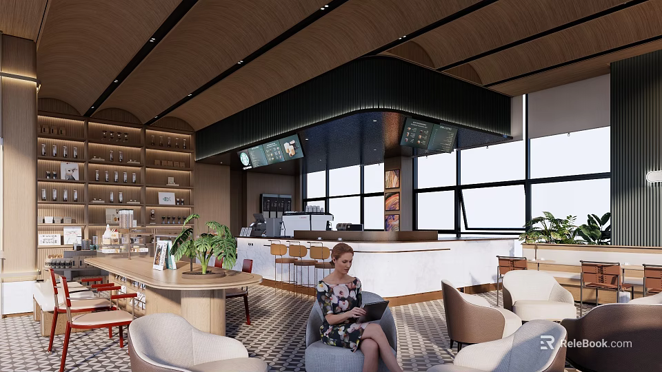 Modern Café Interior With Bar Counter Large Windows Green Plants And Cozy Seating 3d model 