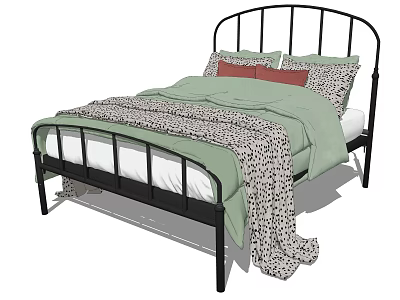 Double Bed With Black Metal Frame Curved Headboard Green Quilt And Leopard Print Blanket 3d model
