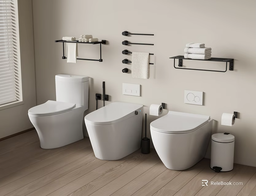 Modern Toilets With Shelves Towels Toilet Paper Holders Trash Bin Wooden Flooring Light-Colored Walls 3d model 