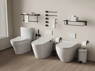 Modern Toilets With Shelves Towels Toilet Paper Holders Trash Bin Wooden Flooring Light-Colored Walls 3d model