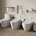 Modern Toilets With Shelves Towels Toilet Paper Holders Trash Bin Wooden Flooring Light-Colored Walls